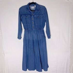 Vintage VIPetites Blue Med Wash Denim Long Sleeve Button Front Midi Dress LP